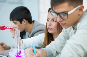 Wall Mural - high school students. group of students working at chemistry cla