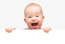 Funny Cute Baby With White Blank Banner Isolated