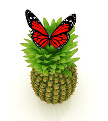 Wall Mural - Red butterflys on a pineapple on a white background