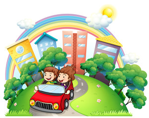 Poster - A girl and a boy riding at the car along the road