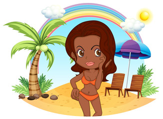 Sticker - A tan lady in an orange bikini at the beach