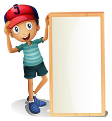 Poster - A young boy standing beside an empty signboard