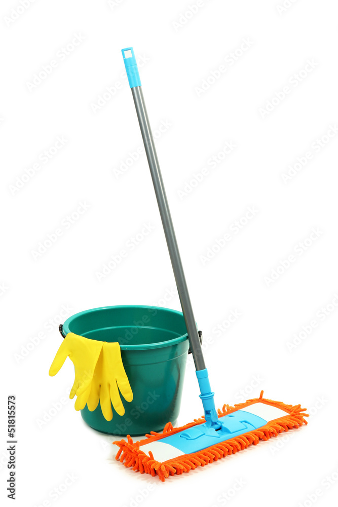 Mop, plastic bucket and rubber gloves, isolated on white