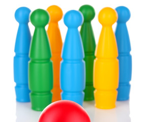 Wall Mural - Colorful plastic skittles of toy bowling isolated on white