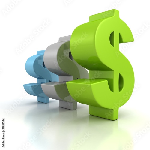 Fotografia, Obraz green blue gray dollar signs row on white