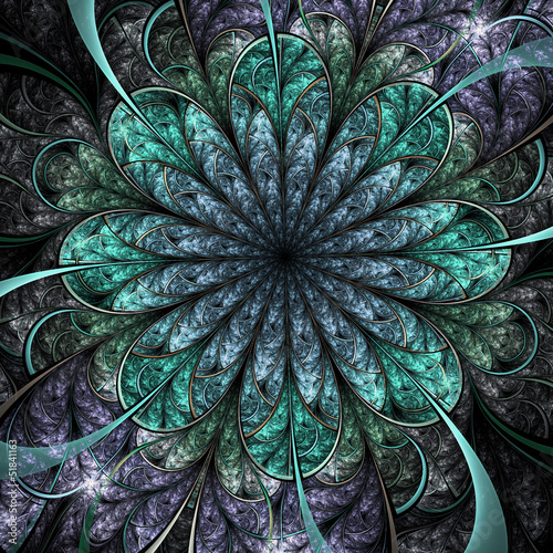 Obraz w ramie Water-themed dark fractal flower, digital artwork