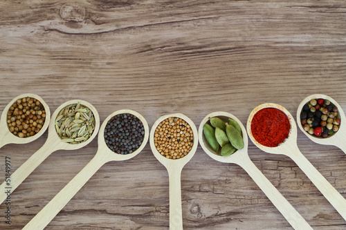 Tapeta ścienna na wymiar Selection of spices on wooden spoons