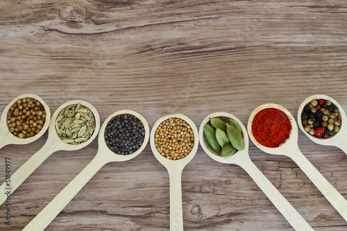 Fototapeta do kuchni Selection of spices on wooden spoons