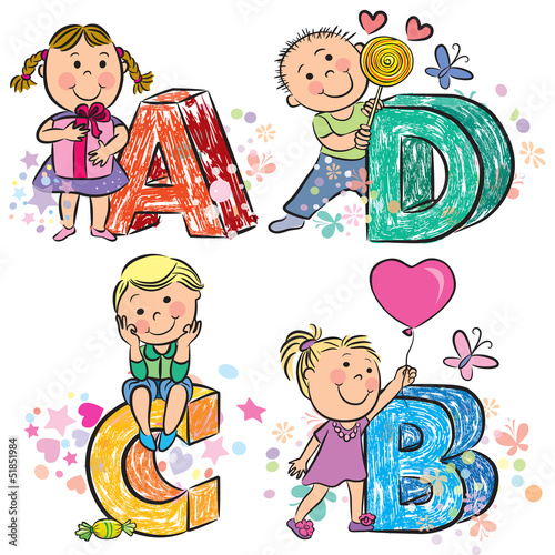 Naklejka dekoracyjna Funny alphabet with kids ABCD