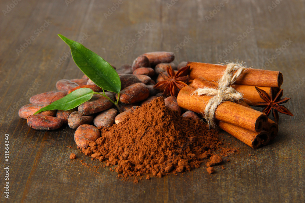 Cocoa beans, cocoa powder and spices on wooden background