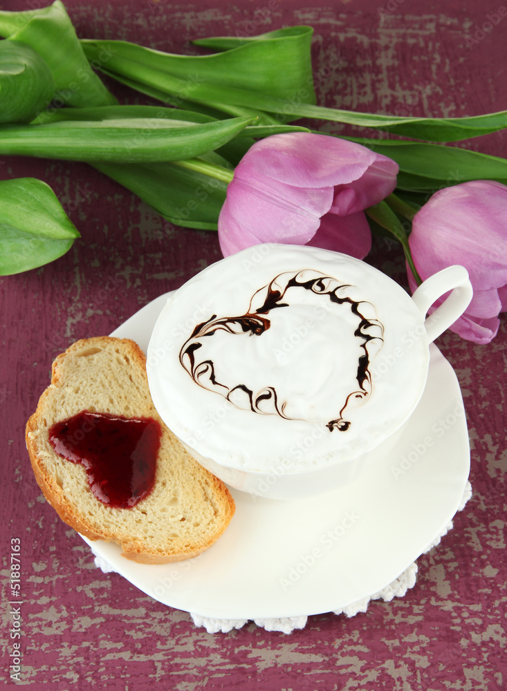 Composition of coffee, toast and tulips on color background