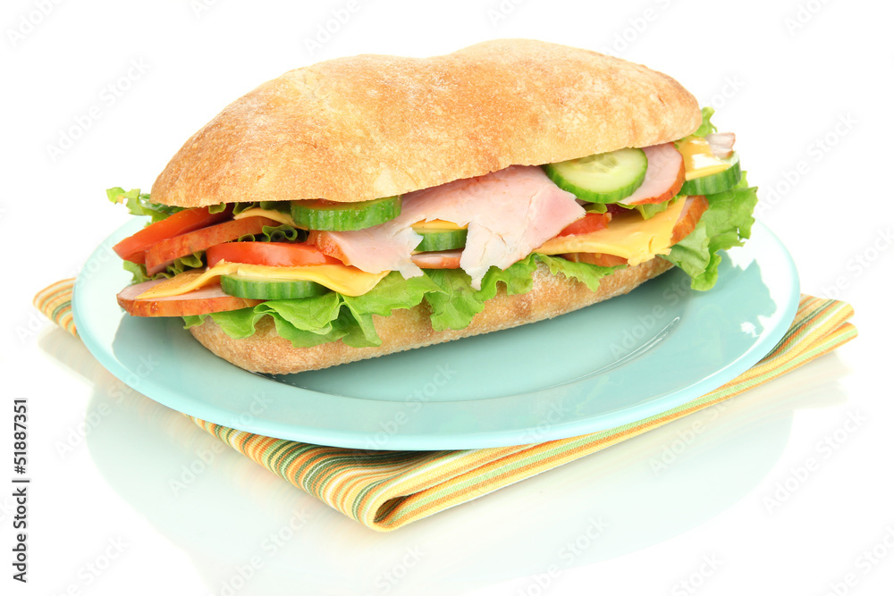 Fresh and tasty sandwich with ham and vegetables isolated