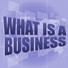 Poster - Business concept: words what is a business on digital screen, 3d