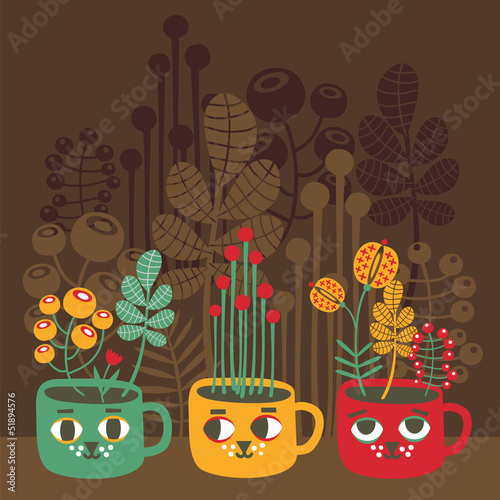Cute vases with flowers - cat faces. Vector illustration. - 51894576