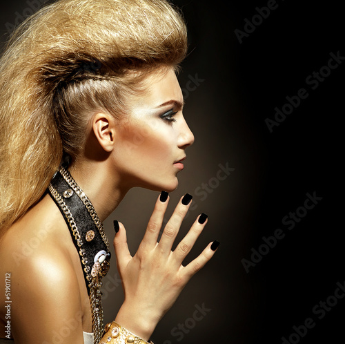 Naklejka na szybę Fashion Rocker Style Model Girl Portrait. Hairstyle