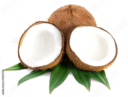 Obraz w ramie Coconuts with leaves on a white background