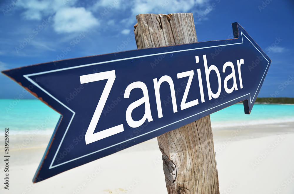 Zanzibar sign on the beach - obrazy, fototapety, plakaty 
