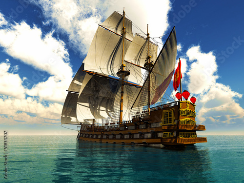 Fototapeta na wymiar Pirate brigantine out on sea