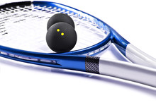 Blue And Silver Squash Racket And Balls