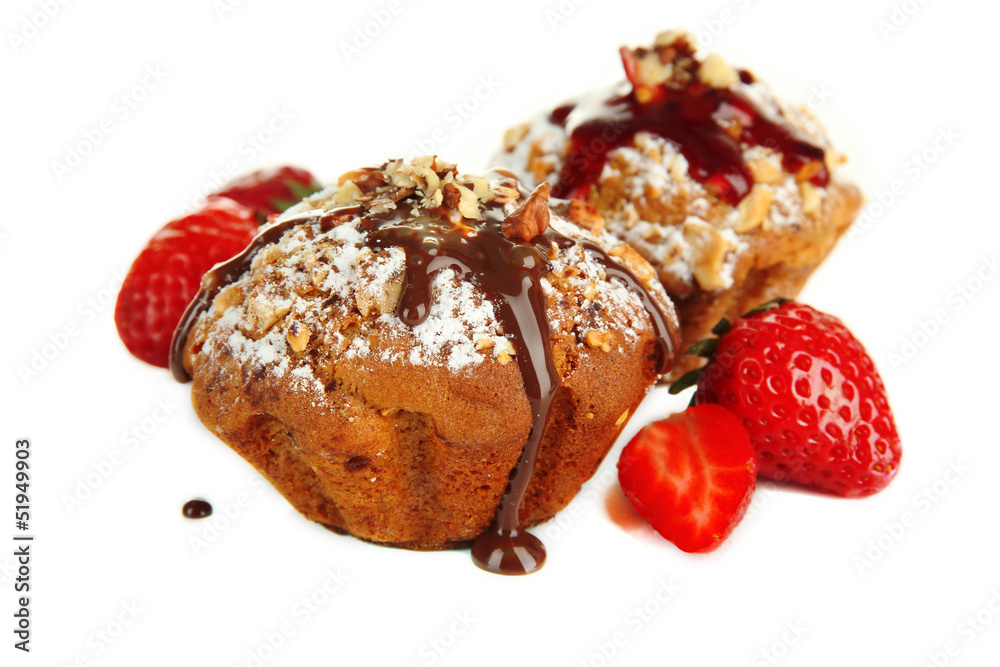 Tasty muffin cakes with strawberries and chocolate, isolated
