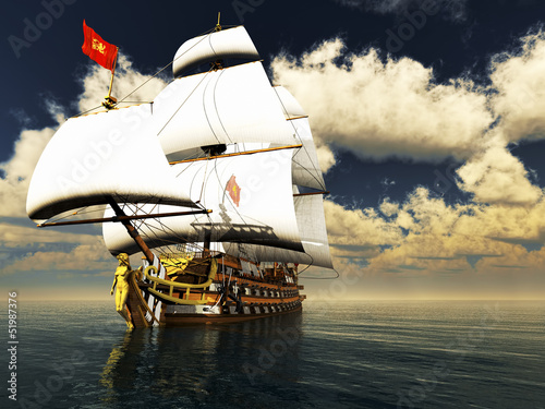 Fototapeta dla dzieci Pirate brigantine out on sea with awesome clouds