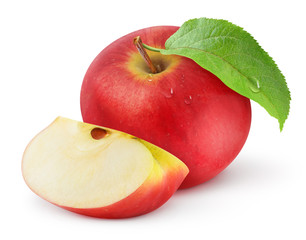 Isolated apple. Whole red apple fruit and a wedge isolated on white background