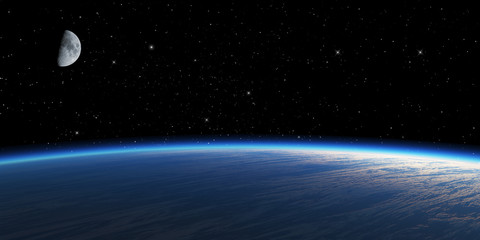 Wall Mural - blue planet with moon on starry space background.