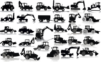 Set of 28 silhouettes of a tractors of road service