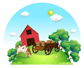 Poster - A cow and a carriage in front of a barn in the farm