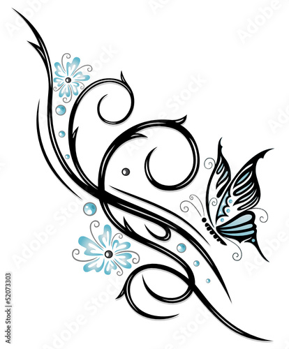 Plakat na zamówienie Tribal, Blüten, Schmetterling, hellblau