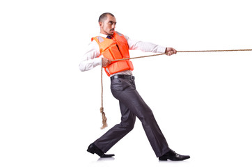 Wall Mural - Man in life jacket isolated on white