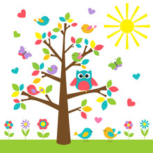 Colorful Tree With Cute Owl And Birds