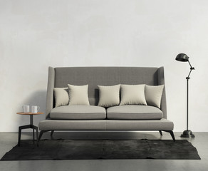 Classic sofa, dark rug, stool and floor lamp, chic living room