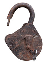 Old Open Padlock And Key. Isolated With Clipping Path