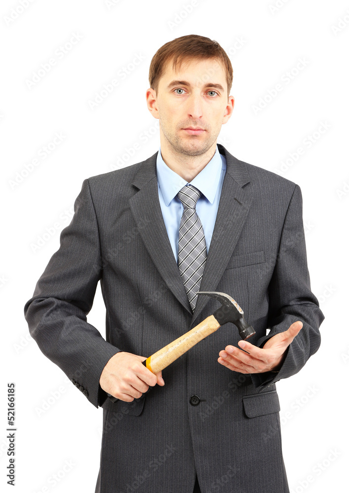 Young businessman with wrench isolated on white.