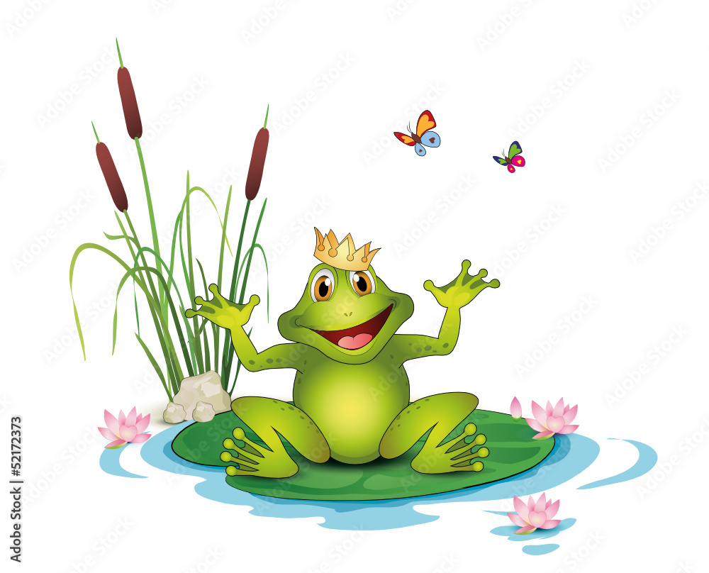 Frosch Mit Krone, Seerosen, Schilf Und Schmetterlinge