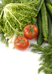 Wall Mural - cucumbers and red tomato and green fresh vegetables leaves