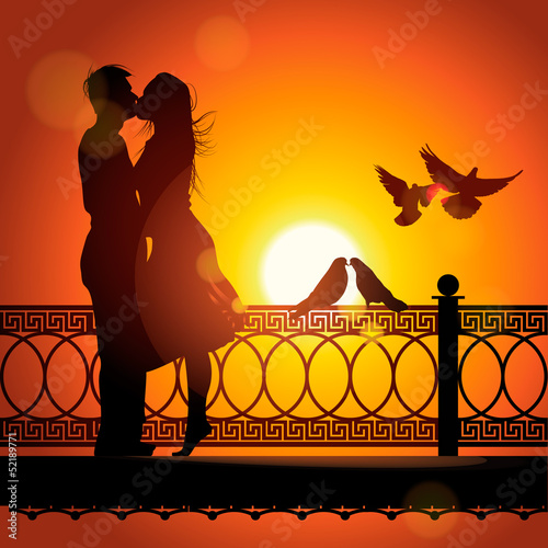 Foto-Plissee - Silhouette of couple in love kissing, vector Eps10 illustration. (von Ivan Kopylov)