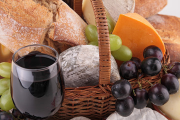 Wall Mural - wine,cheese,bread and grape