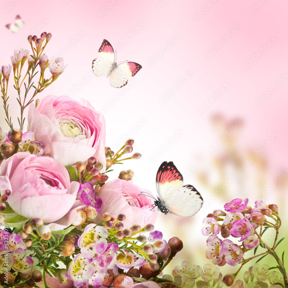 Gentle bouquet from pink roses and butterfly - obrazy, fototapety, plakaty 