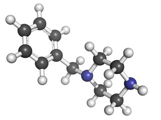 Sticker - 1-benzylpiperazine (BZP) recreational drug, molecular model.