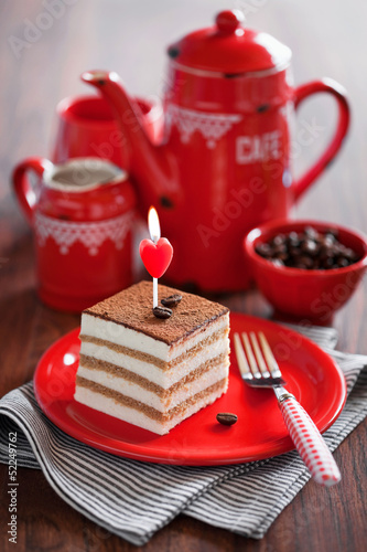 Naklejka - mata magnetyczna na lodówkę Slice of tiramisu cake, selective focus