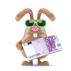 Canvas Print - Chocolate bunny has a wad of Euro bank notes