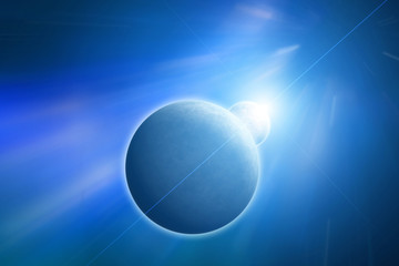 Wall Mural - planet earth with moon and rising sun on blue nebula