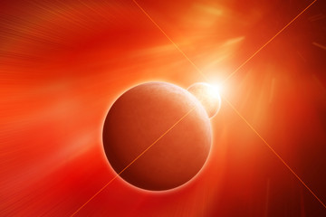 Wall Mural - planet earth with moon and rising sun on red nebula