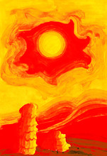 Hot Sun In Yellow Sky Over The Red-hot Desert