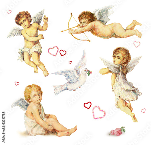 Cuadros en Lienzo Nostalgische Design Elemente: Engel, Taube und Rosen