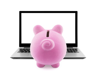 Piggy bank and laptop isolated on white