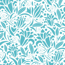 Vector Blue Lily Silhouettes Seamless Pattern Background With