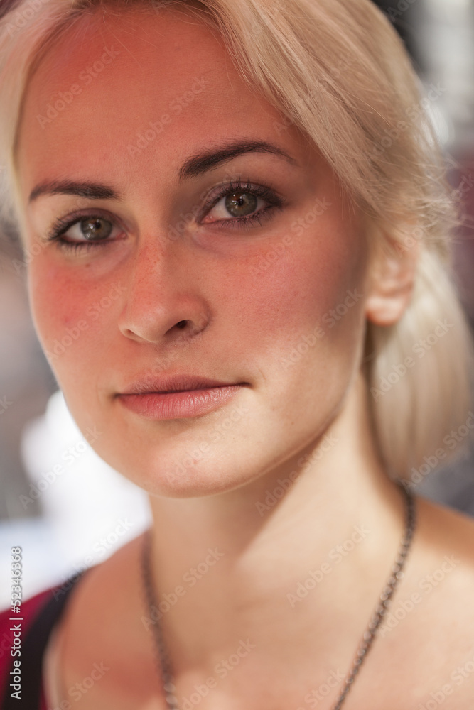 Beautiful Young Woman with Blond Hair and Green Eyes - obrazy, fototapety, plakaty 